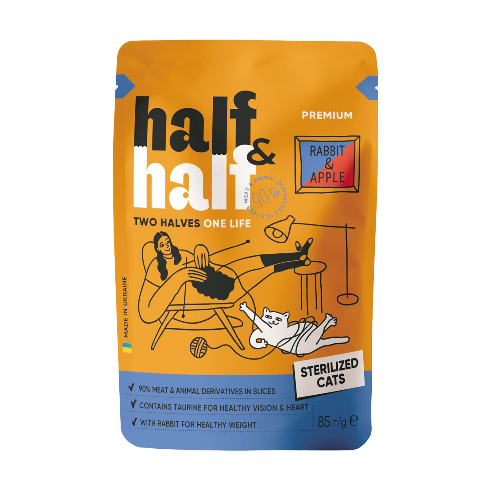 Вологий корм для стерилізованих котів Half&amp;Half з кроликом та яблуком в желе, 85 г